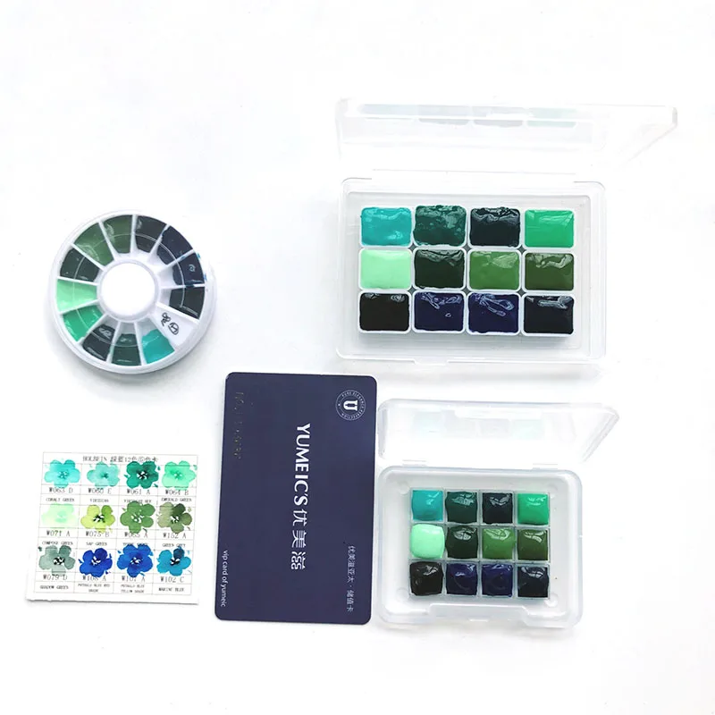 Green and blue series 12-color Mini box package forest watercolor paint distribution disk 0.5ml/1ml/2ml sub-package photo
