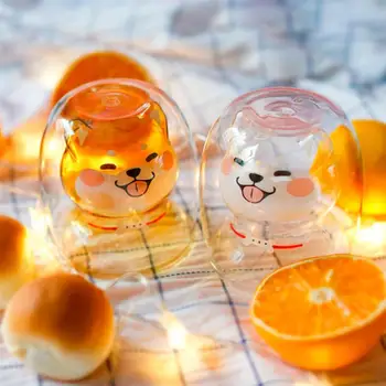 

1pc Children Baby Kids Double Layers Glass Cup Heat Resistance Milk Cup Juice Water Cup Cute Hot Mug Shiba Inu Transparent Liner