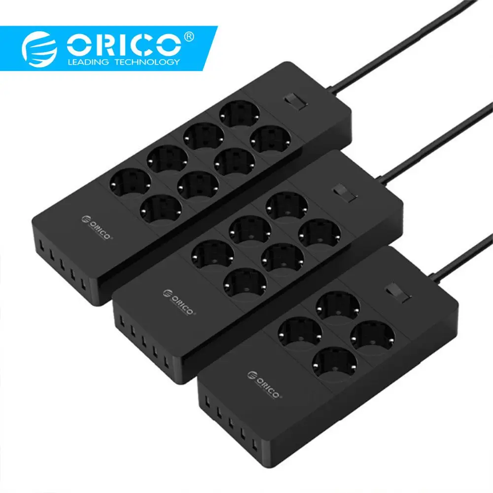 Comprar Toma eléctrica ORICO enchufe de la UE enchufe de extensión toma de corriente Protector contra sobretensiones tira de alimentación de la UE con 5x2. 4A puertos de supercargador USB