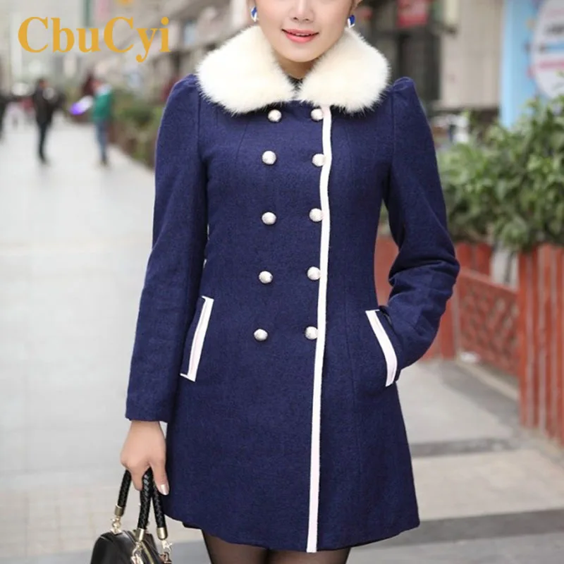 Winter Wool Coat Women Thick Warm Long Wool Blends Coats Elegant Ladies Furry Collar Woolen Coats Jackets Abrigos Mujer Invierno