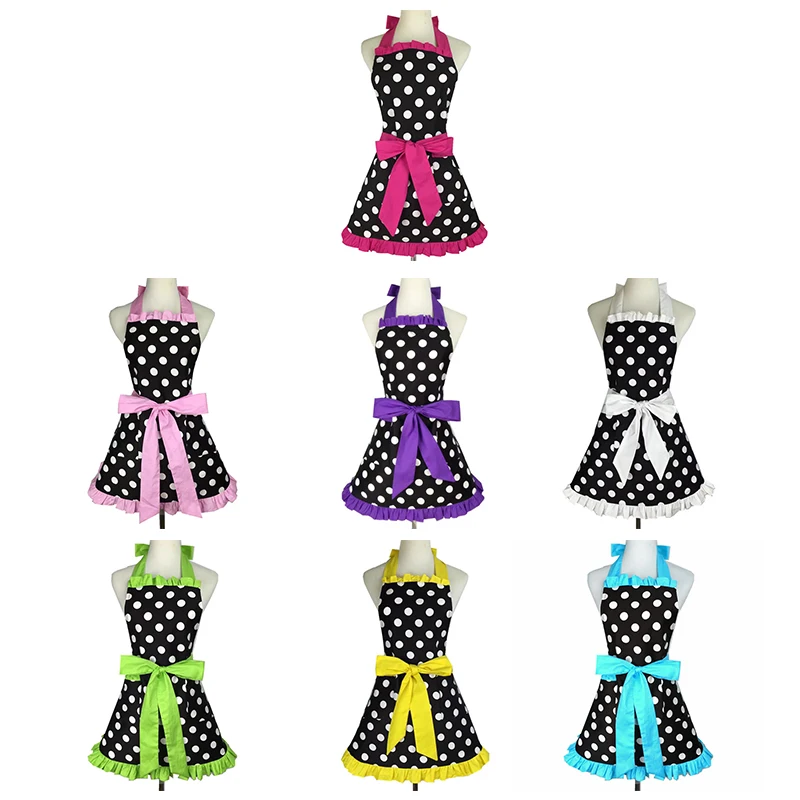 Lovely Sweetheart Retro Kitchen Aprons for Woman Girl Cotton Polka Dot Cooking Salon Pinafore Vintage Apron Dress Christmas Pink