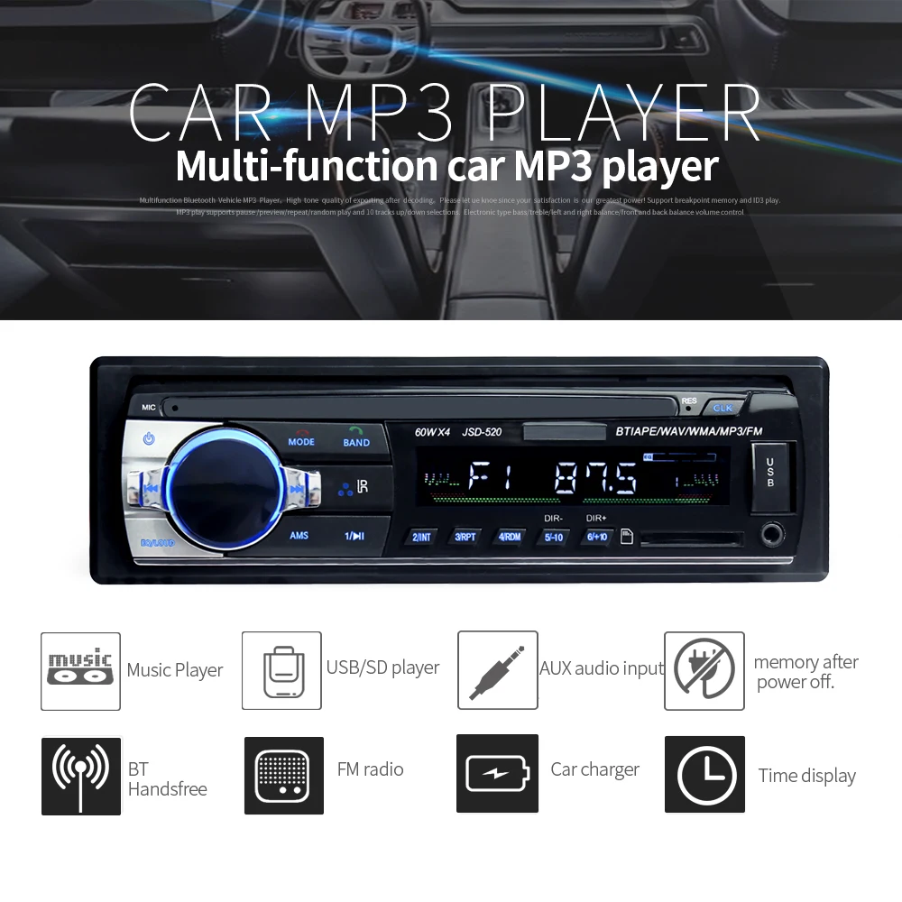 Bluetooth V2.0 JSD-520 Стерео Авторадио автомобиля радио 12 В в-тире 1 Din FM Aux вход приемник SD USB MP3 MMC WMA аудио плеер JSD520