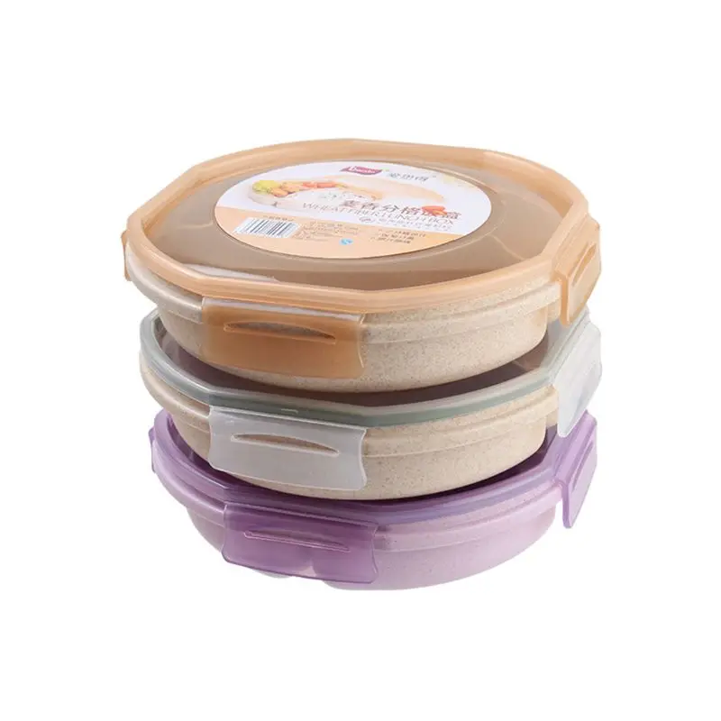 

Round Wheat Straw Lunch Box with Spoon Bento Box Creative Square Tableware