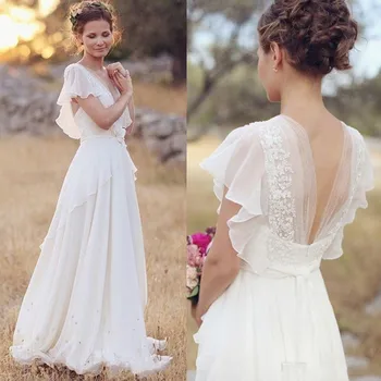 

Bohemian Chiffon Wedding Dresses Beach Appliques Capped Ruffles Cheap Bridal Dress Backless White Lace Boho Bridal Vestidos