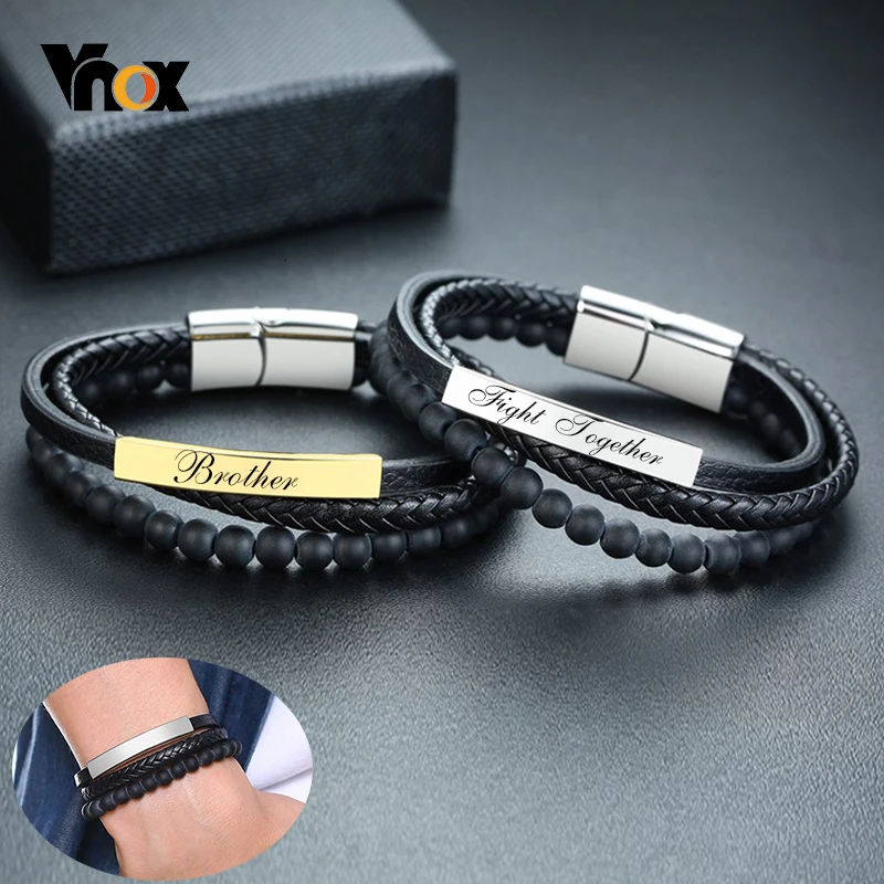 

Vnox Men Free Personalize Engraving Multi-layer Black Genuine Leather Rope Bracelets Custom Gifts for Him