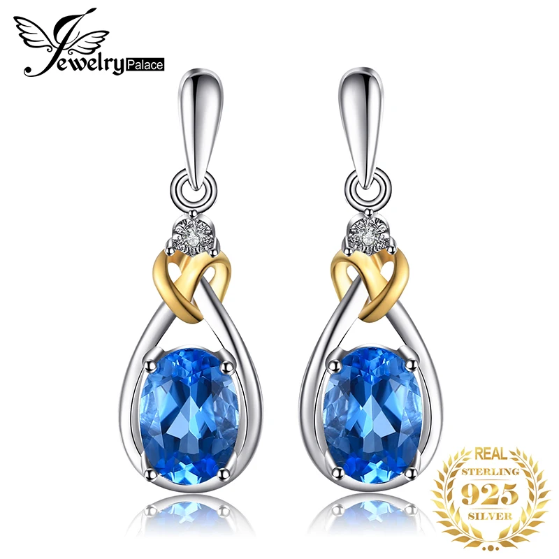 

Love Knot 1.9ct Natural Blue Topaz Earrings Dangle Gemstone Genuine Diamond 925 Sterling Silver 18K Yellow Gold Fine Jewelry