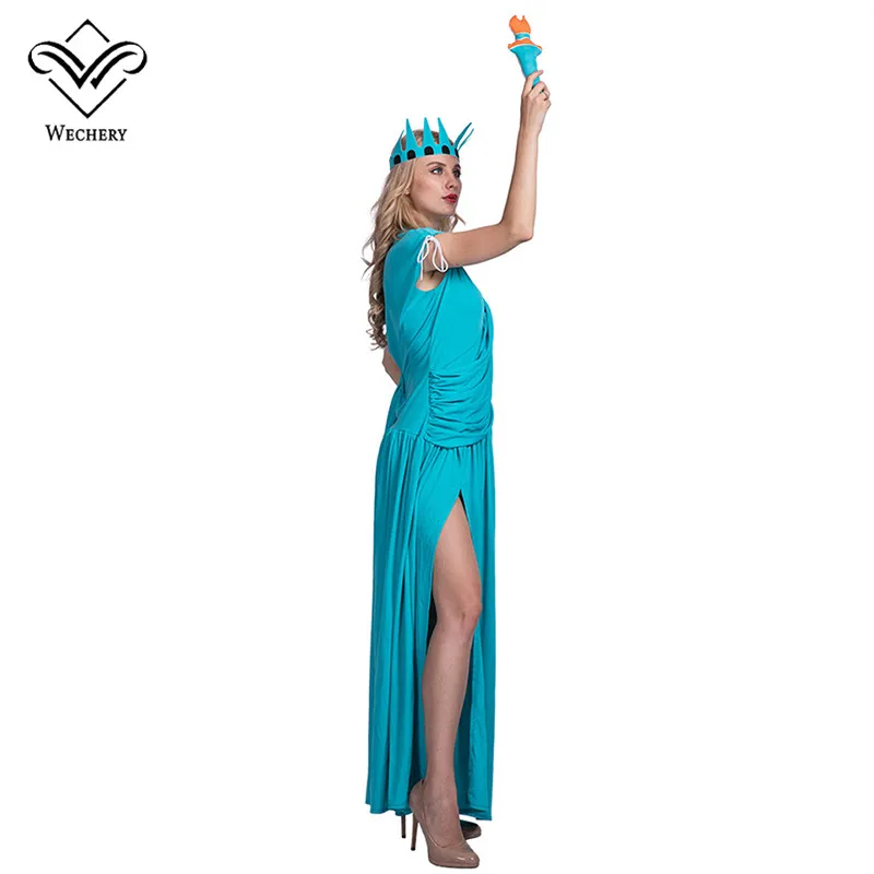 Wechery Статуя Свободы косплей наборы костюмы на Хэллоуин для женщин Праздничная Вечеринка косплей женские однотонные платья факел Корона