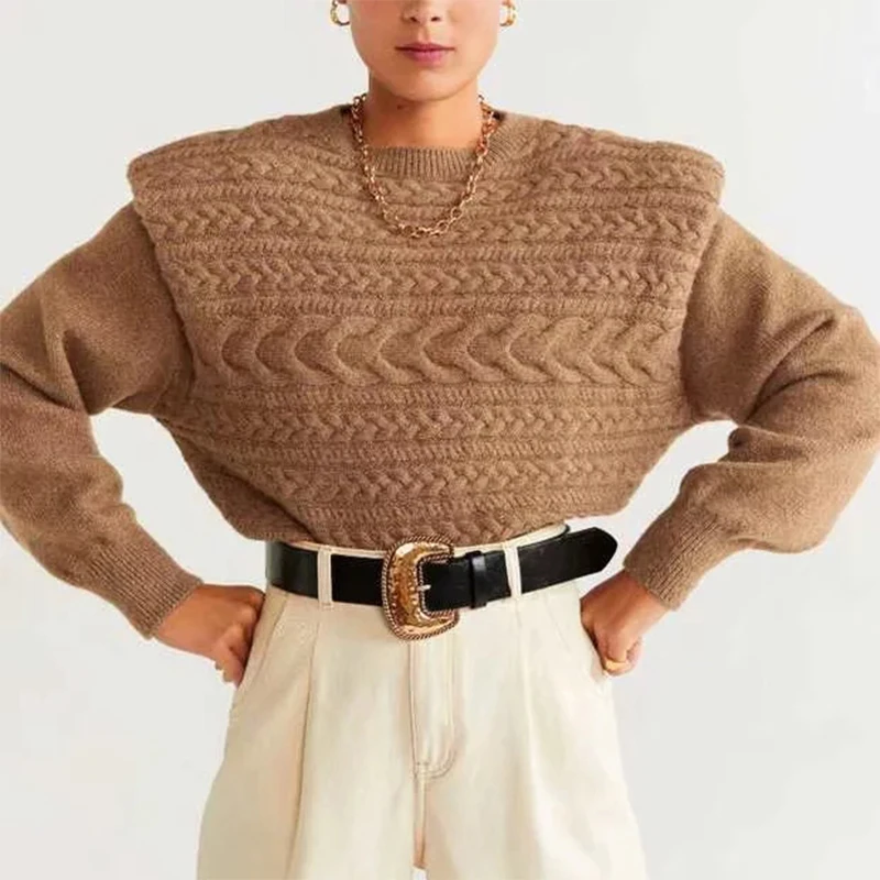 2019 ZA Autumn Winter New Women's Warm Knit Wide Shoulder Sweater Ladies Pullover Fashion Long-sleeved Round Neck Hot Sale | Женская