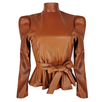 

Women Long Sleeve PU Leather Blouse Shirt Casual Solid Color Stand Neck Ruffle Shirts Tunic Faux Leather Frill Tops With Belt
