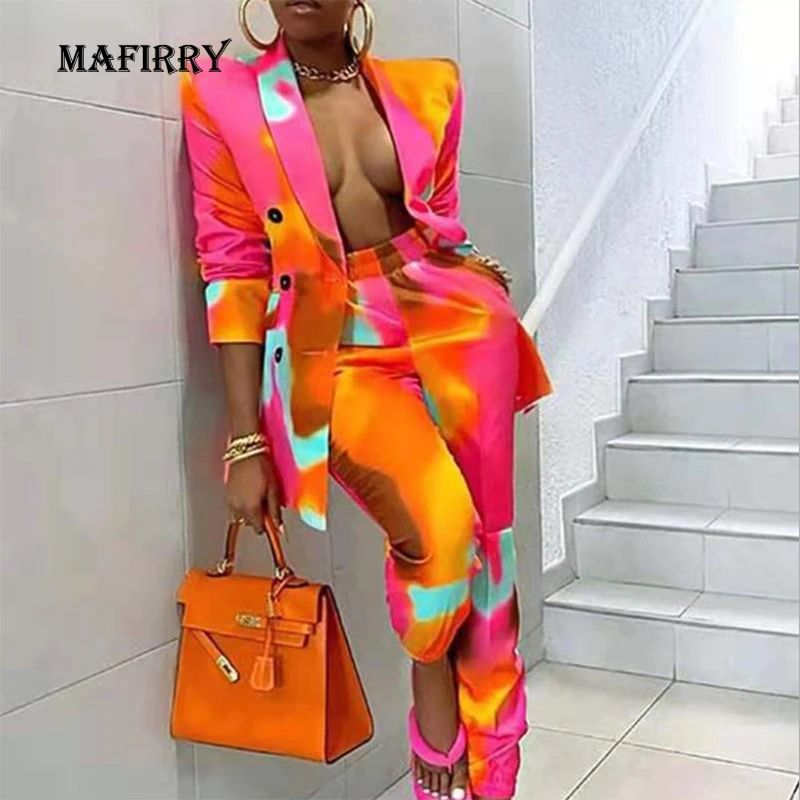 

Office Lady Button Blazer Lapel Two Piece Set Women Casual High Waist Pants Slim 2PC Suit Long Sleeve Colorful Print Blazer Sets