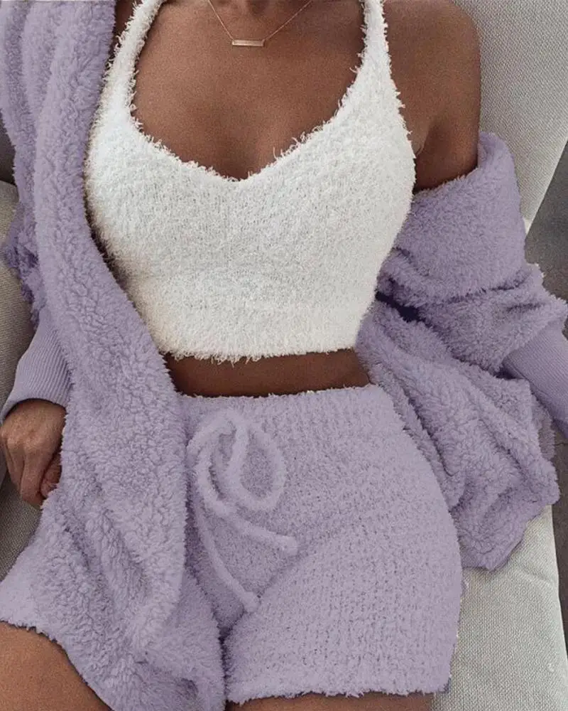 

Women Winter Fluffy Hooded Open Front Teddy Coat & Short Sets