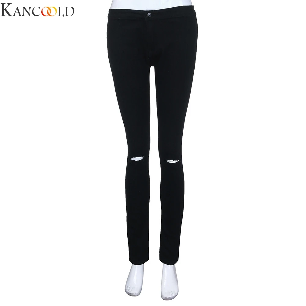 KANCOOLD, модные, женские, высокая талия, рваные, тонкие, джинсовые, длинные штаны, с дырками, Джинсы бойфренда, однотонные, черные, белые, брюки, размер S-XXL