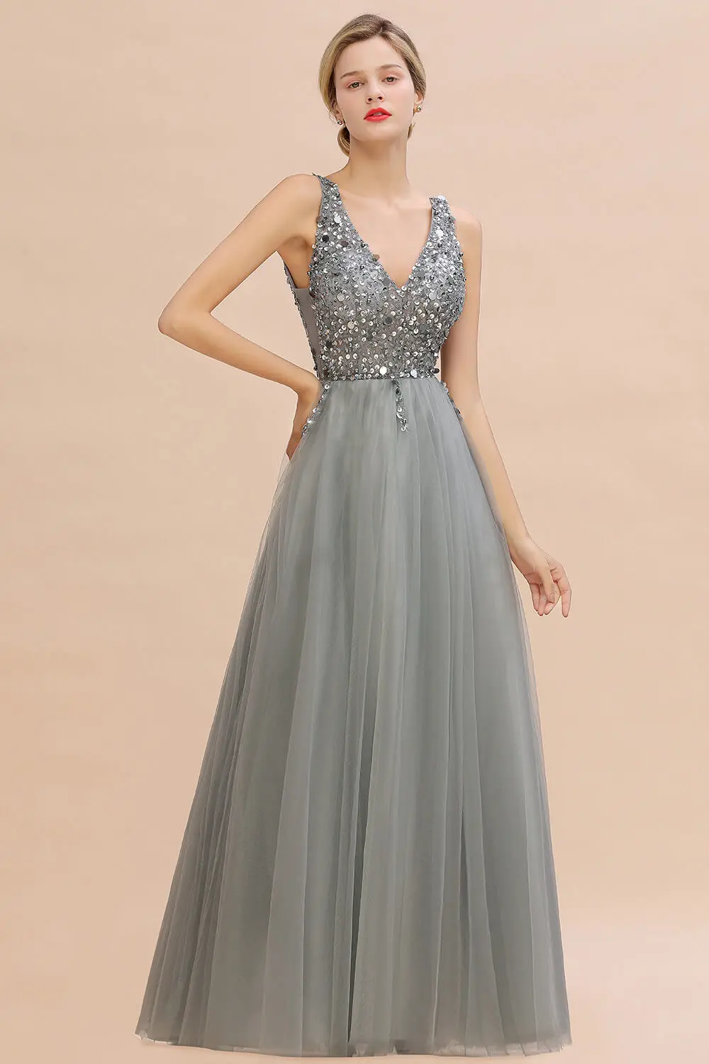 Vestido de Festa, платья для выпускного вечера с глубоким v-образным вырезом, длинное сексуальное платье с открытой спиной и блестками, платье для выпускного, а-силуэт, серое, серебряное, Vestido Formatura - Цвет: As picture