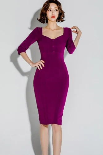 Весеннее корейское однотонное Сексуальное Женское Платье-карандаш с рукавом 3/4 и квадратным воротником на пуговицах, приталенное элегантное модное офисное женское платье