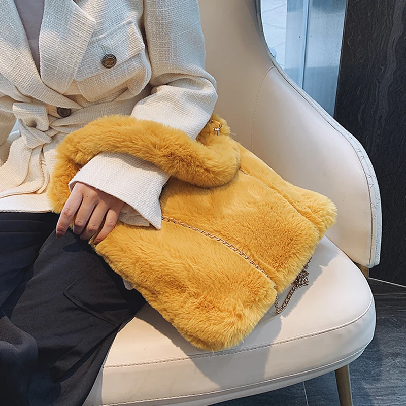 

2020 New Women Shoulder Bucket Bags Faux Fur Plush Cony Hair Tote Bags Female Top Korean Ladies Chain Crossbody Bag