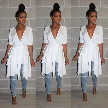

Half Sleeves V Neck Chiffon White Dress