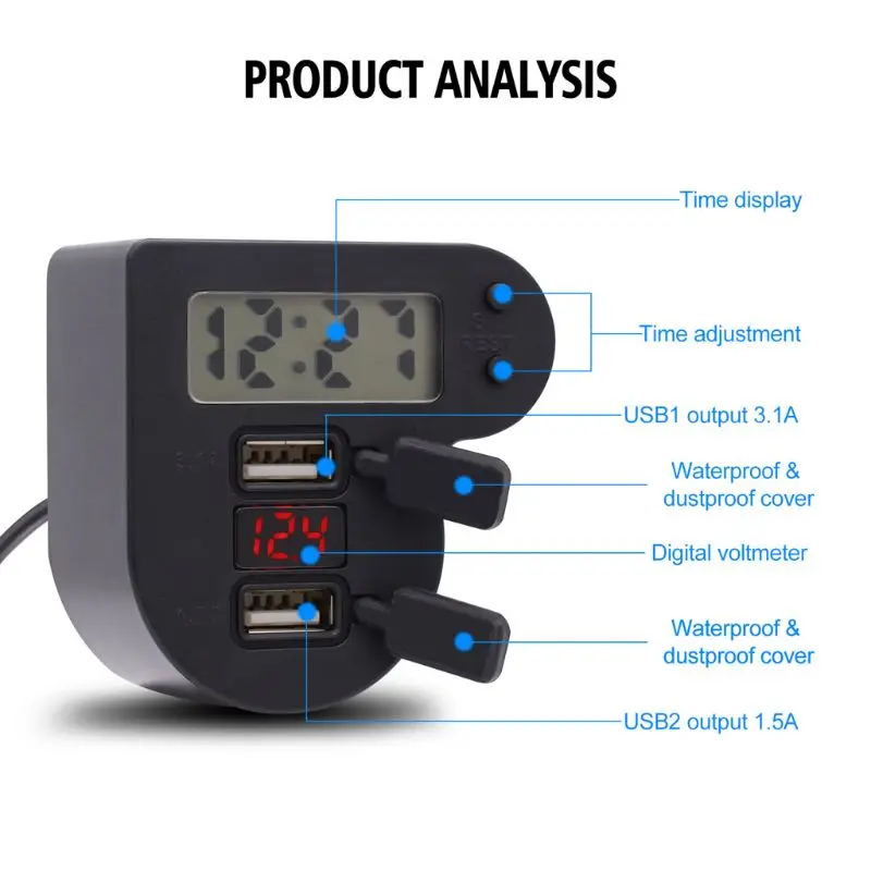 Водонепроницаемый 12 в 24 В мотоциклетный двойной USB зарядное устройство с часами времени светодиодный вольтметр на выключатель адаптер питания для мобильного телефона