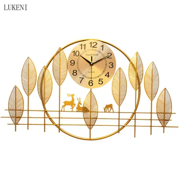 

New Chinese Deer Leaf Creative Metal Wall Clock Living Room Home Luxury Restaurant Entrance Wall Decoration Mute Quartz Clock