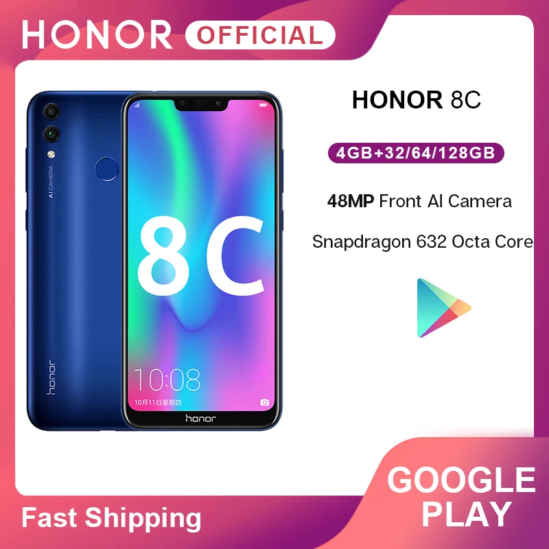 

Global Rom Honor 8C 8 C Smartphone Google Play Not 8X Snapdragon 632 Octa Core Face ID 6.26''Front8.0MP Dual Rear Camera 4000mAh