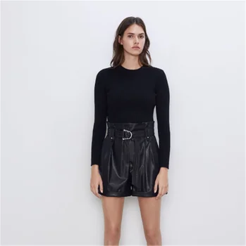 

2020 ZA Spring New Ladies Black Short Fashion Faux Leather Paper Bag Casual Shorts Boho Women's High Waist Casual Shorts Party