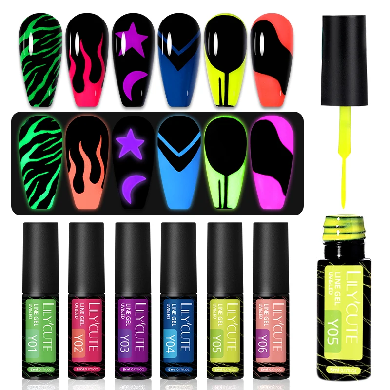 LILYCUTE 5ml Luminous Line Gel Nail Polish Glow In Dark Fluorescent Neon UV LED Semi Permanent Soak Off DIY Painting Varnish | Красота и