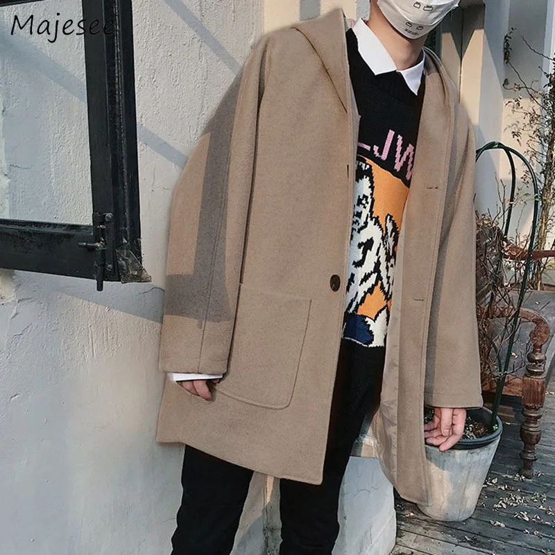 Wool Men Mid-long Winter Thickening Coat Hooded All-match Plus Size 3XL Big Pockets All-match Streetwear Mens Overcoat Fashion Wool Men Mid-long Winter Thickening Coat Hooded All-match Plus Size 3XL Big Pockets All-match Streetwear Mens Overcoat Fashion