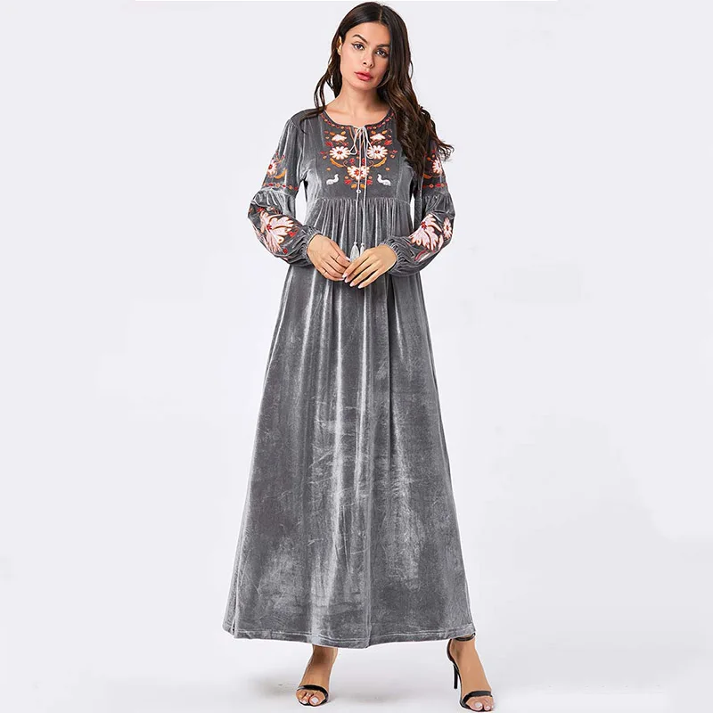 

Middle Eastern Arabian gold velvet women's robes plant embroidered casual large swing dress Muslim mosque dress