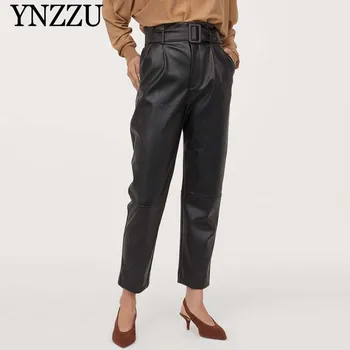 

Women Fuax leather pants Winter With belt Loose Fashion velvet Female Harem pants Casual Black Trousers Autumn 2019 YNZZU YB340