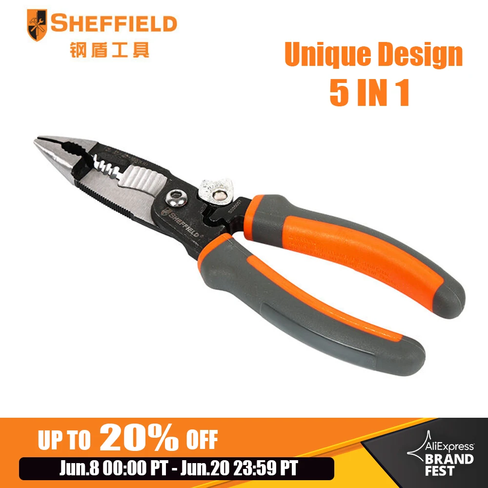SHEFFIELD 8 inches 5-in-1 Multifunctional Electrician pliers electrical needle nose pliers Wire Stripper Crimping 5 in 1 pliers