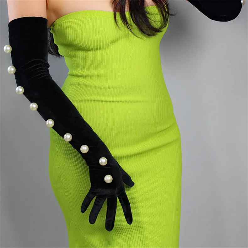Черные бархатные перчатки 2 см больших размеров с белым жемчугом длиной 60 см, высокие эластичные черные золотые велюровые женские Вечерние перчатки WSR24