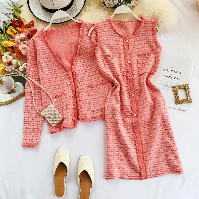

Womens Coat Cardigan Nail Bead Vest Dress Two-piece Suit 2019 Autumn Fashion Ladies Pocket Tassels Knitting Dresses Suits
