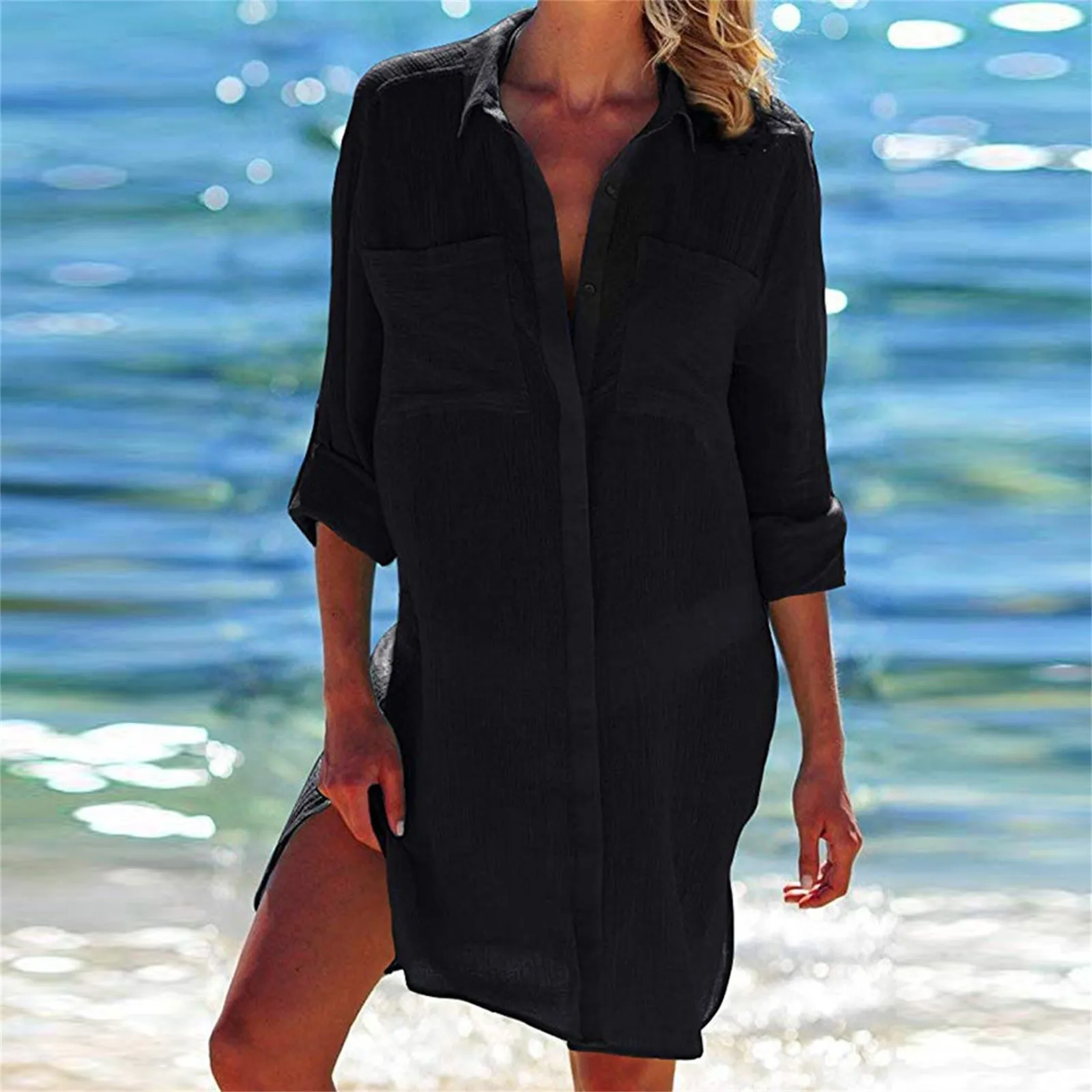 Blouse Top Tunics Chiffon Cardigan Long Sleeve Loose Beach Wear Cover Up Swimwear Women Dress Shirt