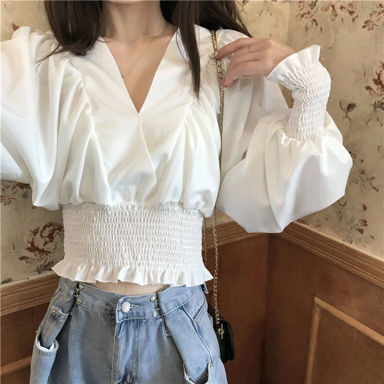 

Soft Office Lady White Shirt for Women Blouse V Neck OL Vintage Palace Lolita Shirt Woman Casual Chiffon Blouse Femme Sweet Tops