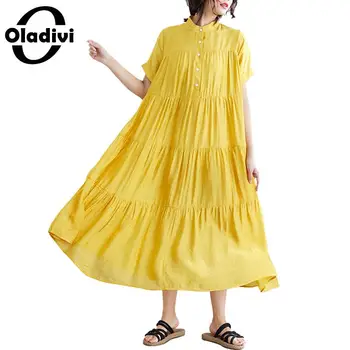 

Oladivi Plus Size Women Summer Holiday Beach Wear Yellow Dress Ladies Oversized Bohemian Maxi Long Dresses Female Vestidios 7XL