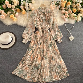 Vintage Floral Long Dress Women Spring Summer Korean Style Stand Collar Lantern Sleeve Chiffon Dress Female Elegant Party Vestid 1