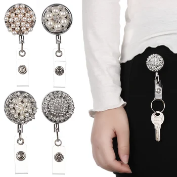

Retractable Badge Clip Bling Pearl Pattern Badge Holder Metal Anti-Lost Clip Fashion High Quality ID Name Card Clip High Quality