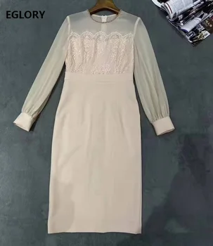

New 2020 Spring Summer Bodycon Dress High Quality Women Sexy Sheer Mesh Lace Patchwork Long Sleeve Pencil Dress Apricot Black