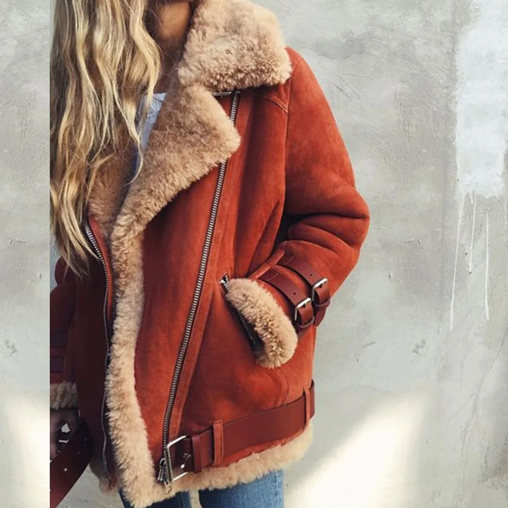 Осенне-зимняя женская куртка из овечьей шерсти, мотоциклетная бархатная куртка с отворотами, меховая Толстая Корейская куртка-бомбер, стиль гранж, пальто оверсайз - Цвет: Красный