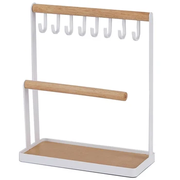 

Storage Rack Jewelry Display Stand Holder with Wooden Ring Tray and Hooks Storage Table Shelf