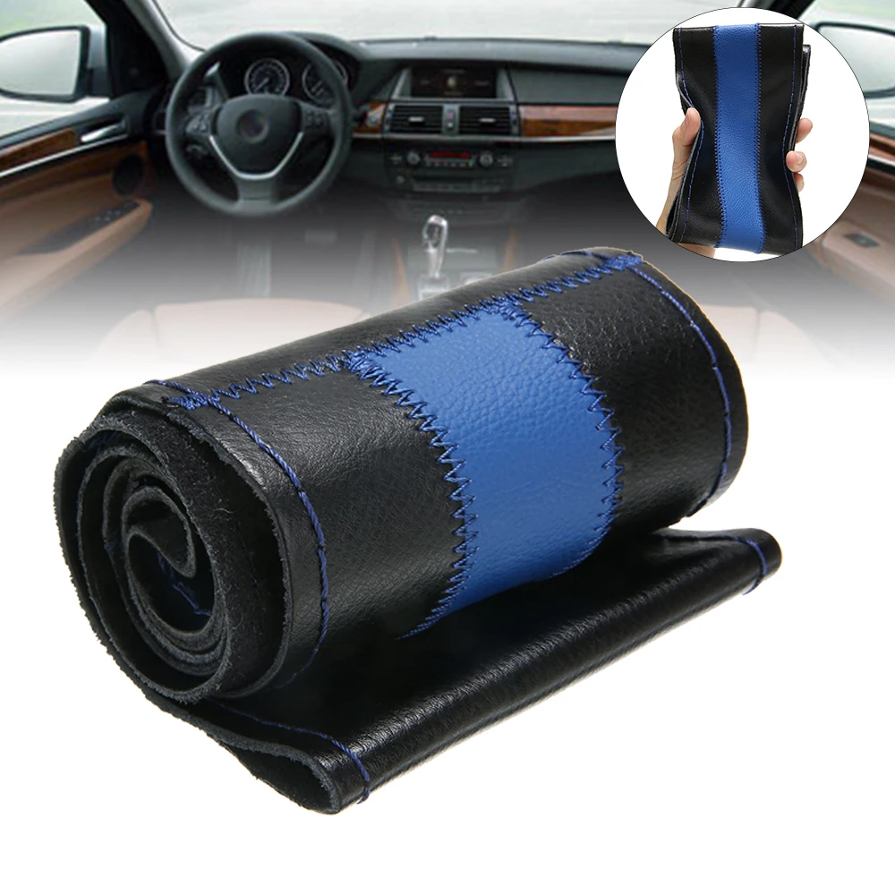 1PC Black+Blue DIY Car Steering Wheel Cover Genuine Leather  Covering 38cm W/ Needles Thread For Auto Decorative Accessories