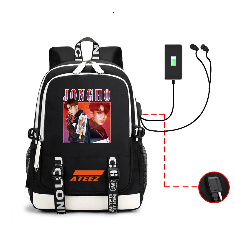

2020 Kpop Ateez Backpack Periphery A Bag Men And Women Both Shoulders Packages Usb Headset Line Computer School Bag For Teenage