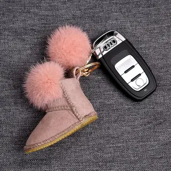 

Luxury Chain Real Mink Fur Pompom With Mini Boots For Women's Car Keyring Charm Bag Holder Ornaments Pendant Keychains 2020 New