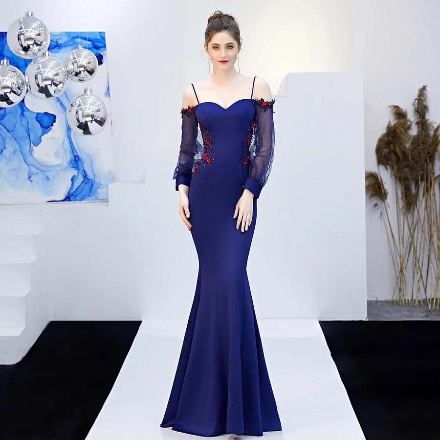 

Evening Dresses Long Sleeve Robe De Soiree Sling Off The Shoulder Formal Gown Appliques Backless Mermaid Evening Dress 2019 C246