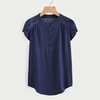 

Women New Summer Women T-shir Fashion Solid Hollow Out Button O-Neck Harajuku Short Butterfly Sleeve