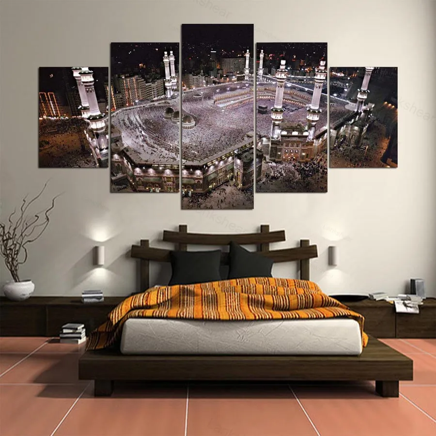 

Large Poster Hd Printed Painting Canvas 5 Panel Kaaba Print Art Home Decor Wall Art Islam Pictures Night Scene for Living Room