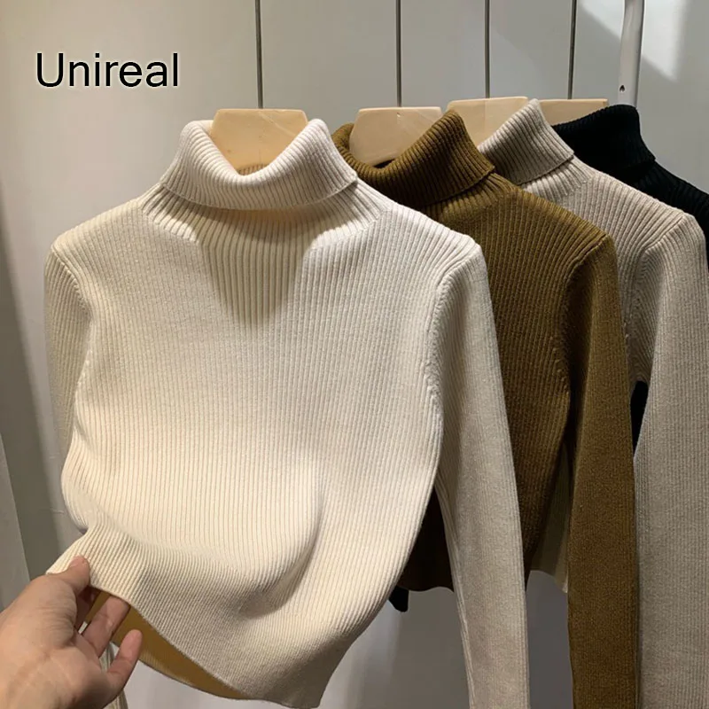 

Unireal 2022 Autumn Winter Women Knitted Sweater Pullover Long Sleeve Female Jumpers Short Turtleneck Sweater