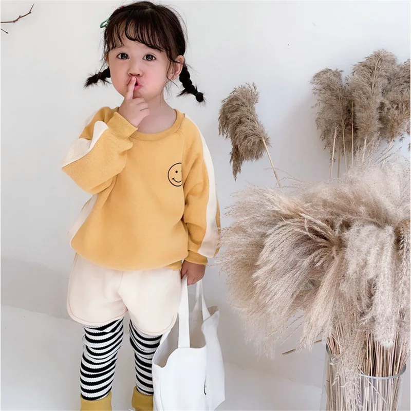 

Autumn boys girls cartoon smiling face clothes sets 2019 baby girl casual fleece and shorts 2pcs suits 2-6Y