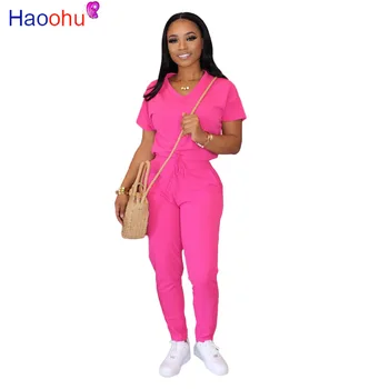 

HAOOHU 2020 Women Sets Summer Tracksuits T-Shirts+Pants Suit Two Piece Set Night Club Party Outfits Sporty Casual 2 pcs Street