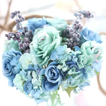 

Plastic Flannel Rose simulation flower silk flower hand bouquet Wedding featival Decor romantic brilliant blue Bouquet