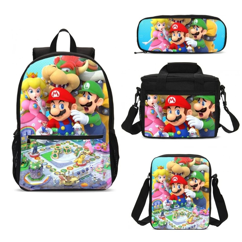 

4pcs 3D Super Mario Bros Anime School Bag Set Kids Women Bagpack Men Backpack With Lunch Box Pencil Case Mocila Infantil Escolar